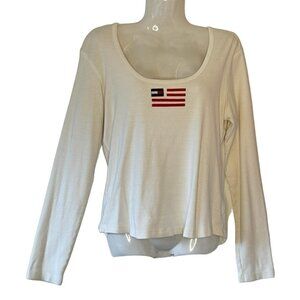 Tommy Hilfiger American Flag Cropped Tee Women's Scoop Neck Long Sleeves  Large